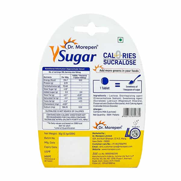 Dr. Morepen Y Sugar Pellets (Sucralose) | 100% Safe | With Zero Calories | 100% Natural 10N