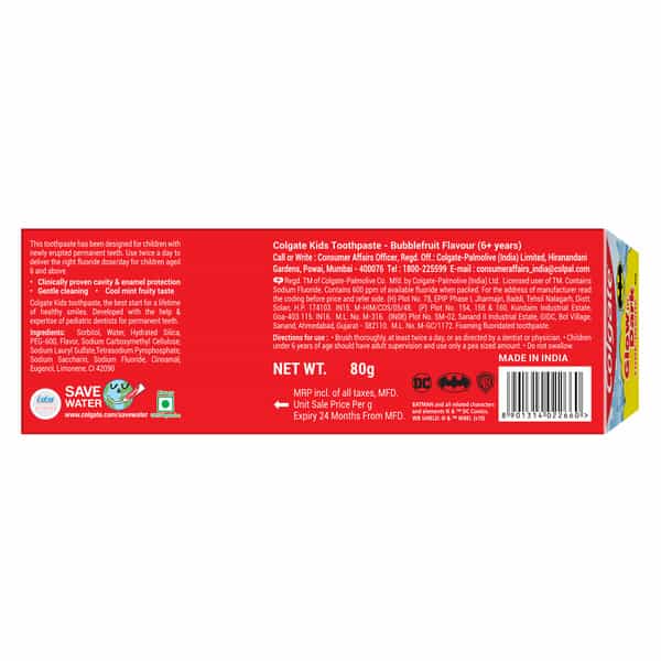 Colgate Anticavity Kids Batman Bubble Fruit Toothpaste (6+ Years) Tube Of 80 G
