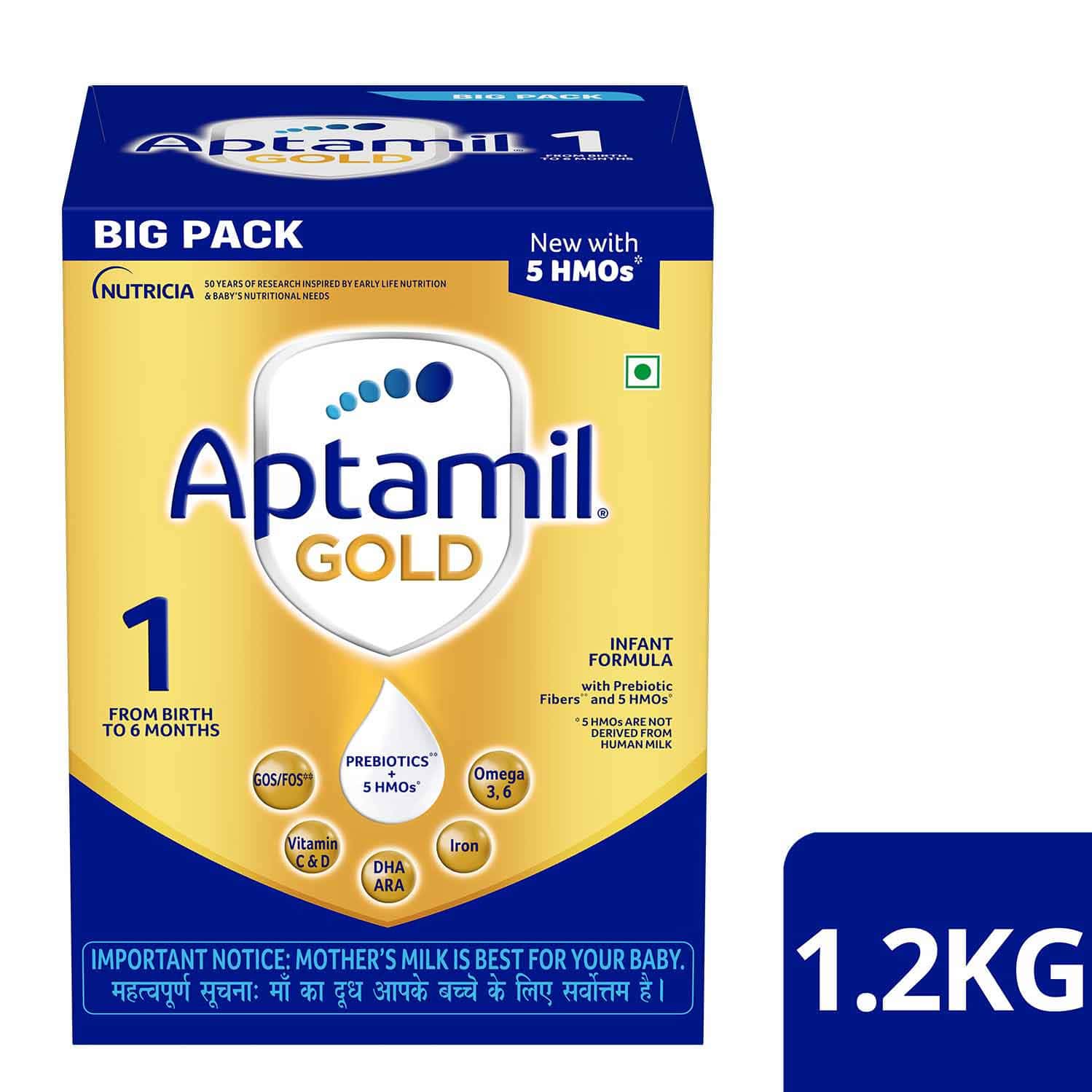 Aptamil Gold | 1 Infant Formula With Probiotic Fibers &V Hmo | From Birth To 6 Months | Box 1.2 Kg