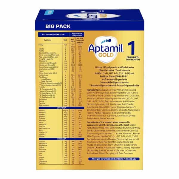 Aptamil Gold | 1 Infant Formula With Probiotic Fibers &V Hmo | From Birth To 6 Months | Box 1.2 Kg