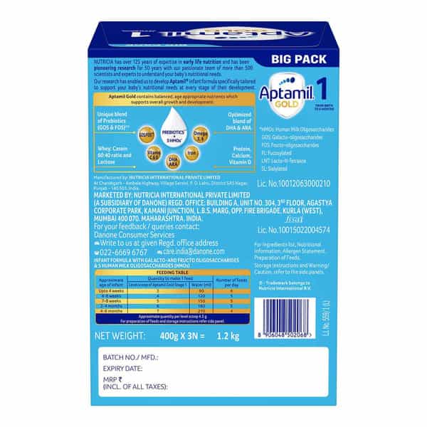 Aptamil Gold | 1 Infant Formula With Probiotic Fibers &V Hmo | From Birth To 6 Months | Box 1.2 Kg