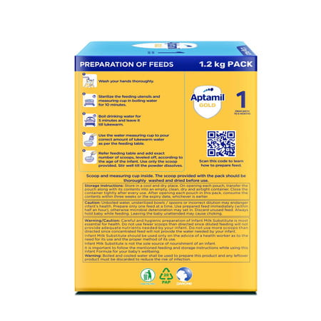 Aptamil Gold Infant Formula Powder - Stage 1 (Upto 6 Months) | Hmo (2-Fl) | Prebiotics & Dha | 1.2kg