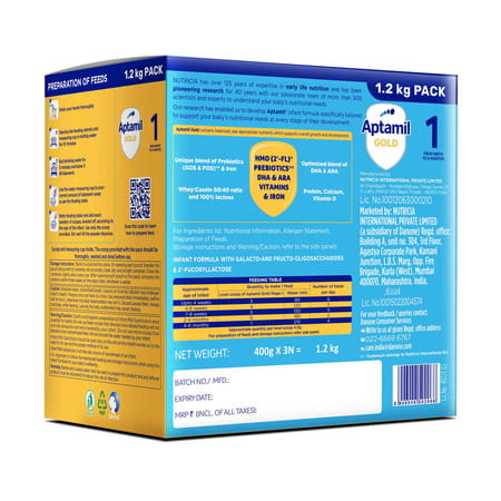 Aptamil Gold Infant Formula Powder - Stage 1 (Upto 6 Months) | Hmo (2-Fl) | Prebiotics & Dha | 1.2kg