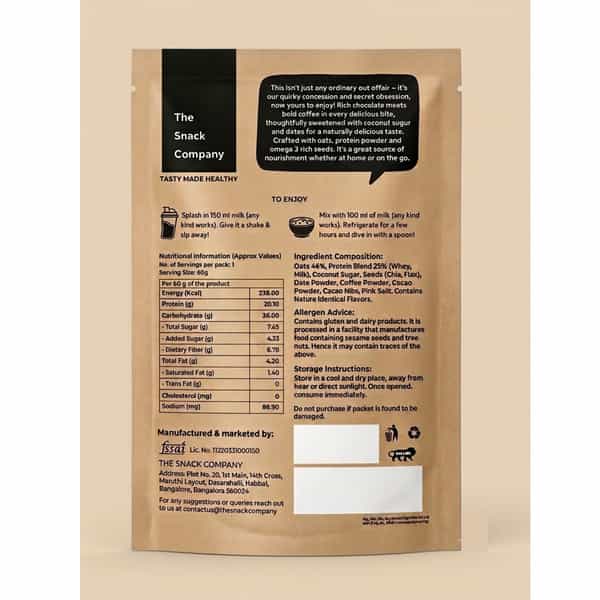 The Snack Company Protein Oats Pack Of 3 - Mocha Brew | 20.1G Protein | 6.78G Fibre | No Soy
