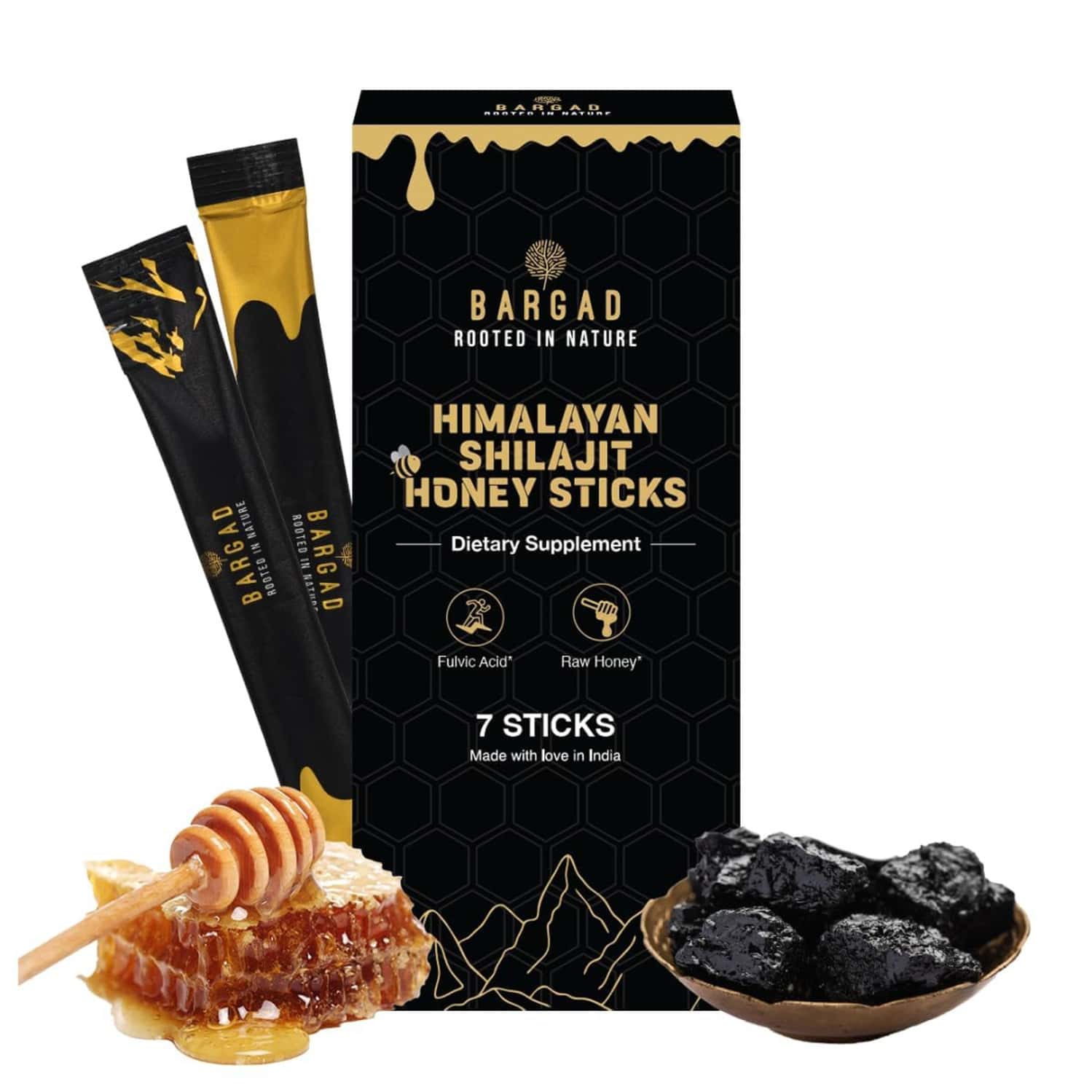 Bargad Himalayan Shilajit Honey Sticks - Pure Raw Honey & Fulvic Acid Supplement - 7n
