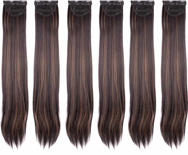 Streak Street Clip-In 24" Straight Dark Brown Side Patches With Golden Highlights (6Pcs Set)