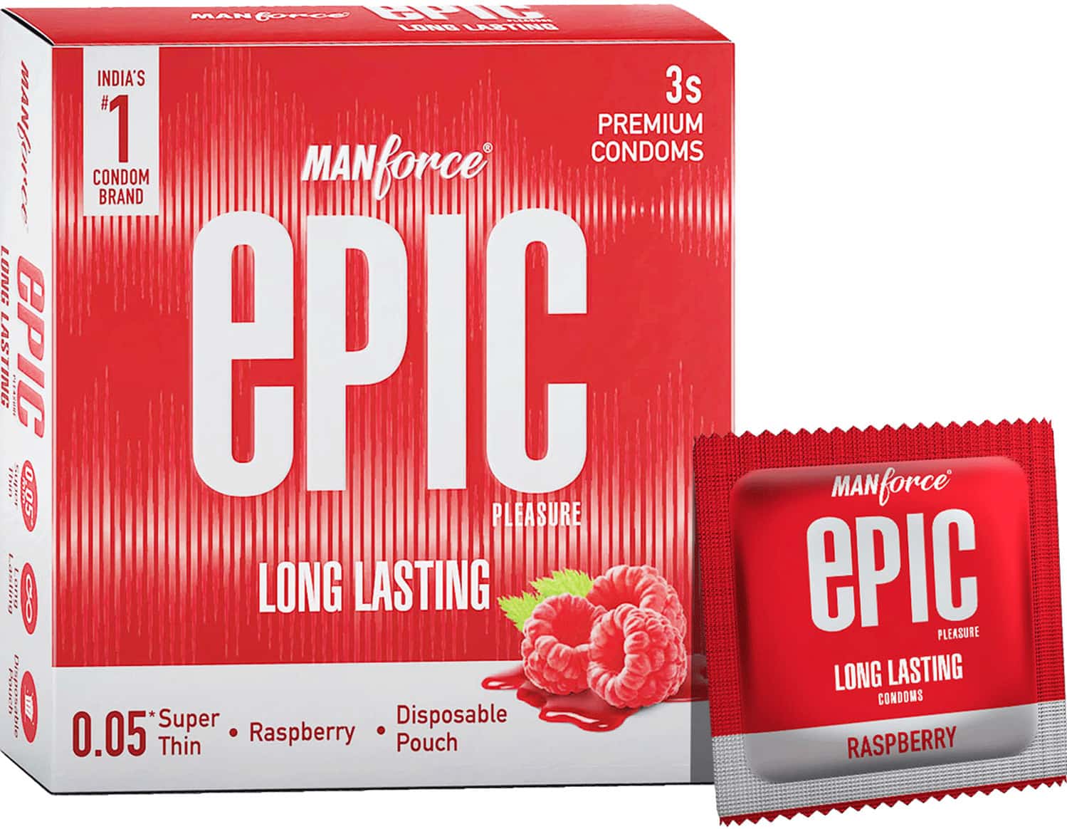 Manforce Epic Pleasure | Long Lasting 0.05 Mm| Raspberry Flavour |disposable Pouch | 3 Condoms