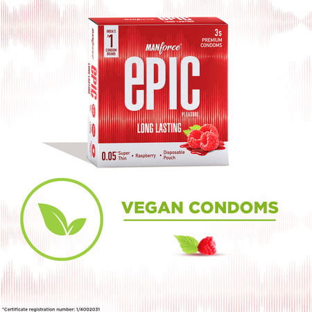 Manforce Epic Pleasure | Long Lasting 0.05 Mm| Raspberry Flavour |Disposable Pouch | 3 Condoms