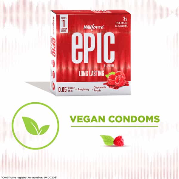 Manforce Epic Pleasure | Long Lasting 0.05 Mm| Raspberry Flavour |Disposable Pouch | 3 Condoms
