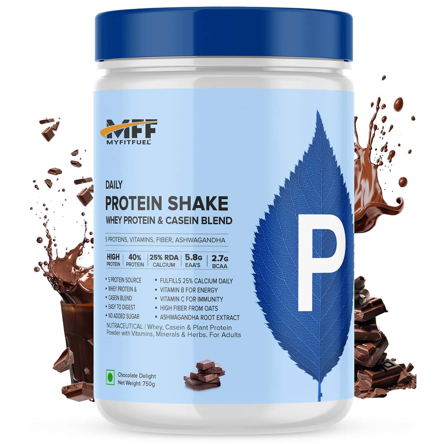Myfitfuel Daily Protein Shake, 5 Protein, Whey Casein Calcium, Ashwagandha, Vitamins 750g, Chocolate