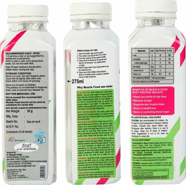 Dr. Morepen Muscle Food Protein Powder Whey Protein Isolate Muscle Mass Gainer Watermelon - 32Gm