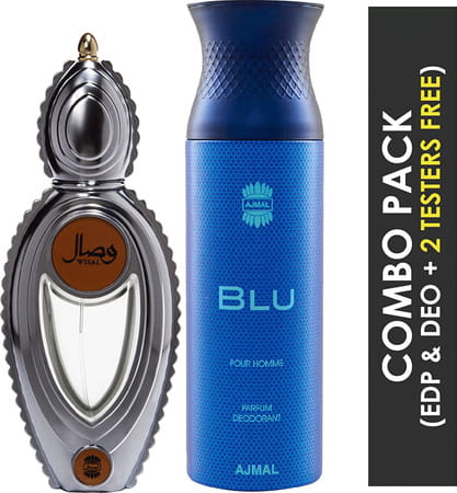 Ajmal Wisal Eau De Parfum 50ml Perfume For Women And Blu Homme Deodorant 200ml For Men