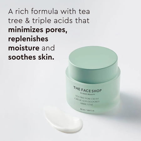 The Face Shop Tea Tree Pore Cream - Korean Moisturizer | Aha Bha Pha Hyaluronic Acid | Acne - 50ml