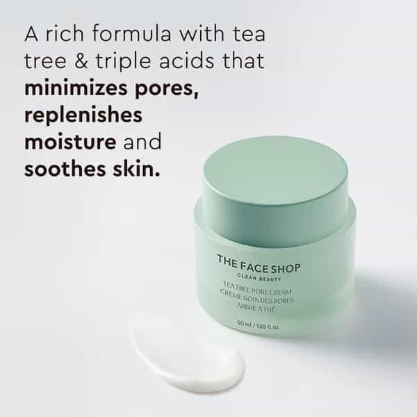 The Face Shop Tea Tree Pore Cream - Korean Moisturizer | Aha Bha Pha Hyaluronic Acid | Acne - 50Ml