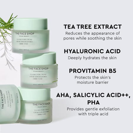 The Face Shop Tea Tree Pore Cream - Korean Moisturizer | Aha Bha Pha Hyaluronic Acid | Acne - 50ml