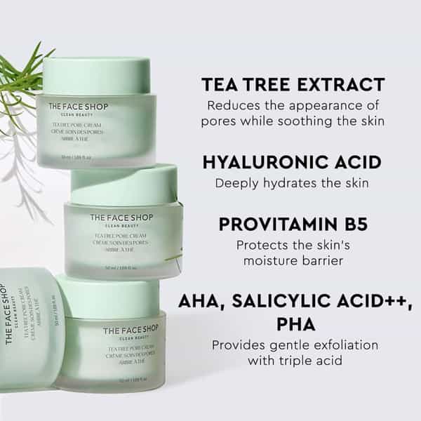 The Face Shop Tea Tree Pore Cream - Korean Moisturizer | Aha Bha Pha Hyaluronic Acid | Acne - 50Ml