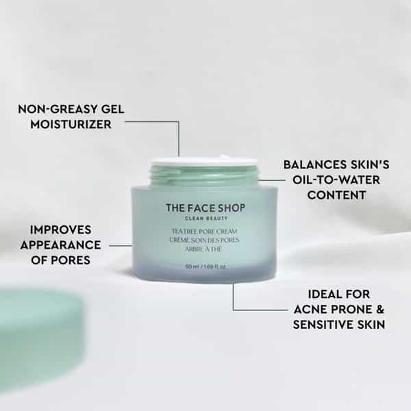 The Face Shop Tea Tree Pore Cream - Korean Moisturizer | Aha Bha Pha Hyaluronic Acid | Acne - 50Ml