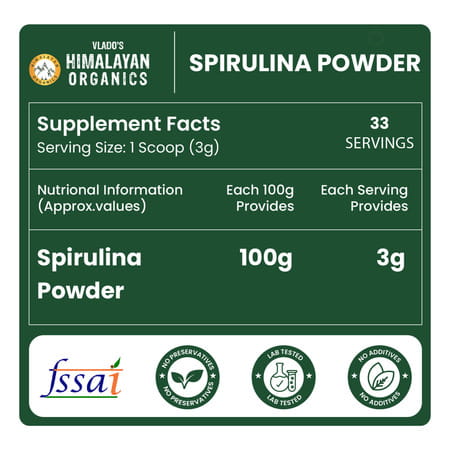 Vlado'S Himalayan Organics Spirulina Powder | For Men & Women | Contains 62% Protein - 100g