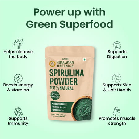 Vlado'S Himalayan Organics Spirulina Powder | For Men & Women | Contains 62% Protein - 100g
