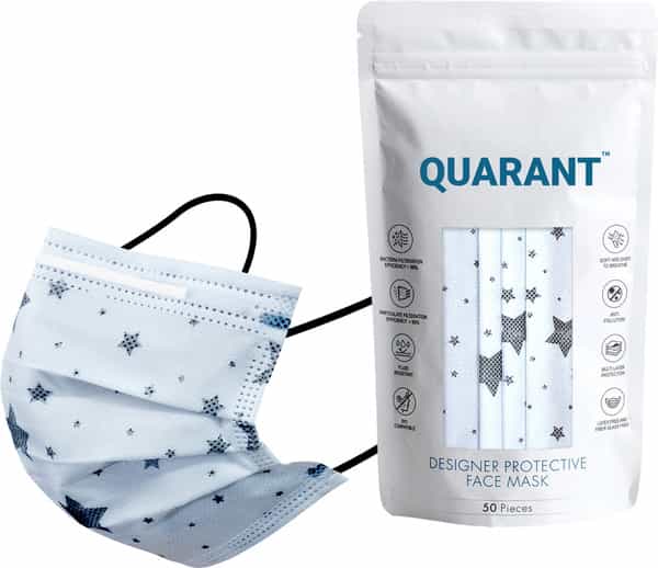 Quarant 4 Ply Designer Protective Surgical Face Mask With Nose Pin Stary White - Pack Of 50