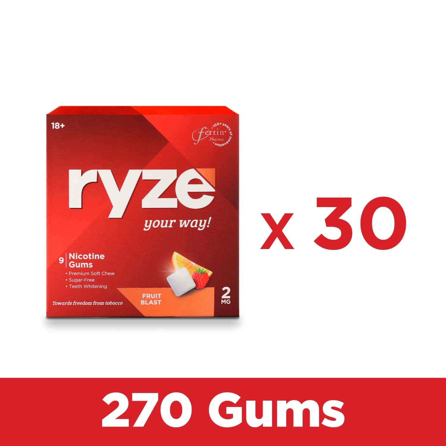 Ryze Nicotine Gum 2mg | Fruit Blast | 2mg | Helps Quit Smoking & Tobacco | 9 Count | Pack Of 30