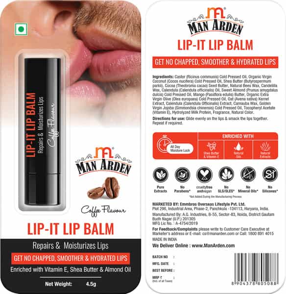 Man Arden Lip-It Lip Balm For Men Repairs & Moisturizes Lips Almond Oil Coffee Flavour 4.5G