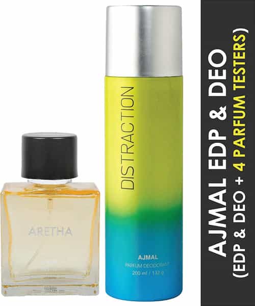 Ajmal Aretha Edp For Women 100Ml & Distraction Deodorant For Men & Women 200Ml Combo Pack 2 - 300Ml