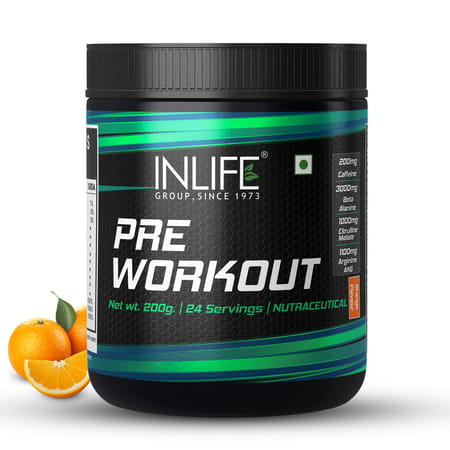 Inlife Pre-Workout Supplement 200mg Caffeine 1000mg Citrulline Men Women -200g Orange Flavour
