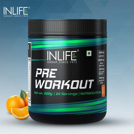 Inlife Pre-Workout Supplement 200mg Caffeine 1000mg Citrulline Men Women -200g Orange Flavour