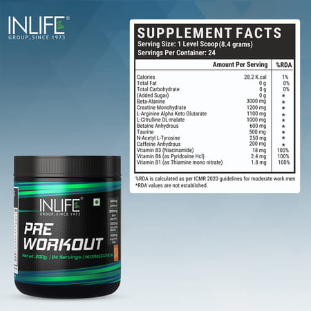 Inlife Pre-Workout Supplement 200mg Caffeine 1000mg Citrulline Men Women -200g Orange Flavour