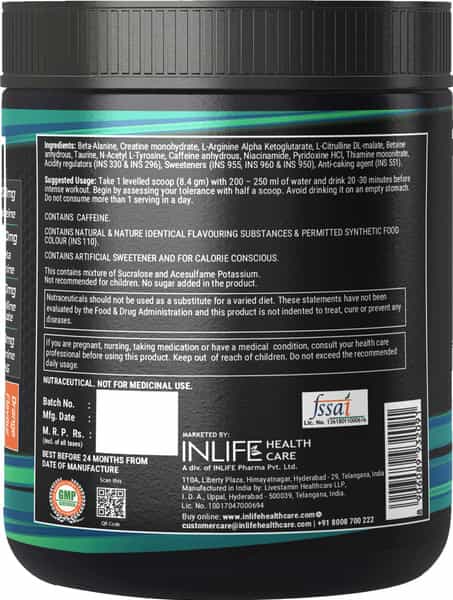Inlife Pre-Workout Supplement 200Mg Caffeine 1000Mg Citrulline Men Women -200G Orange Flavour