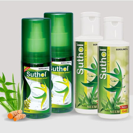 Boroline Suthol Neem Gel 100 Ml X 2 + Neem Spray 100 Ml X 2 | Ayurvedic Antiseptic Spray