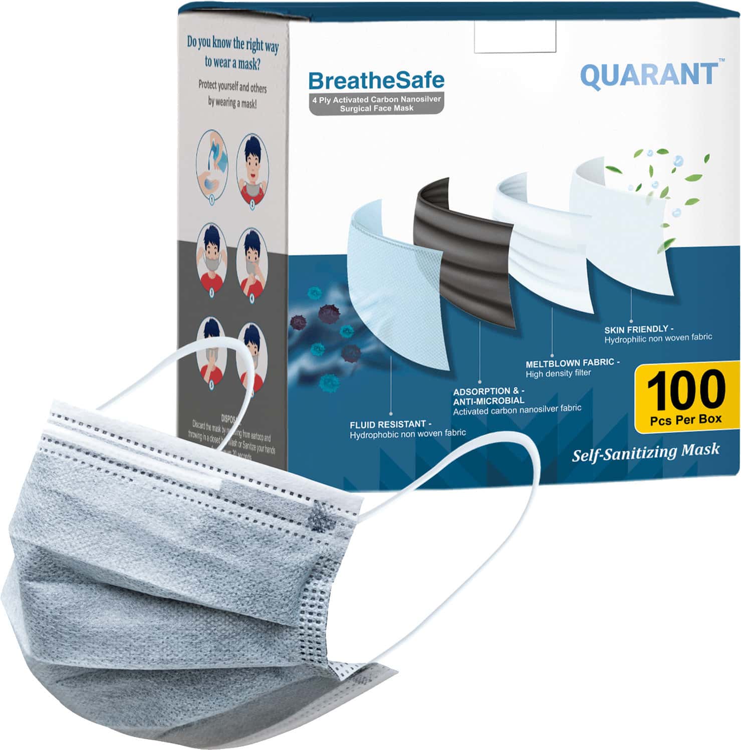 Quarant 4 Ply Nanosilver Activated Carbon Surgical Face Mask Self Sanitizing - Pack Of 100