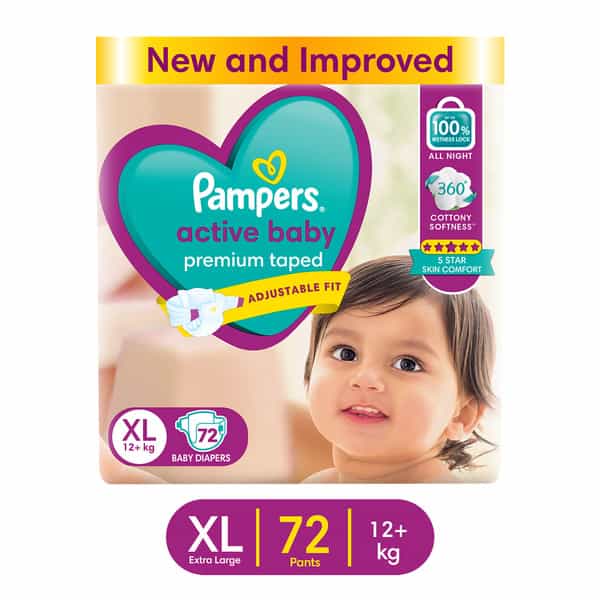 F83072pampers Active Baby Tape Style Extra Large (Xl) 12+ Kg Baby Diapers 72 No's