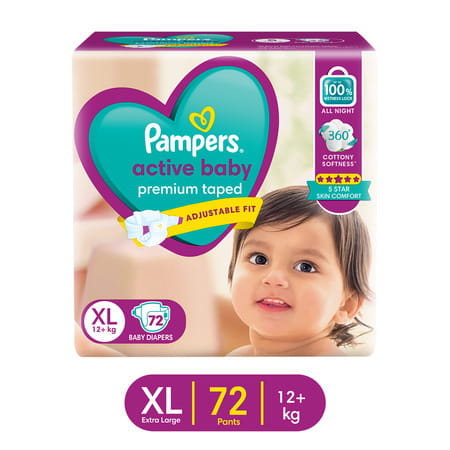 F83072pampers Active Baby Tape Style Extra Large (Xl) 12+ Kg Baby Diapers 72 No'S