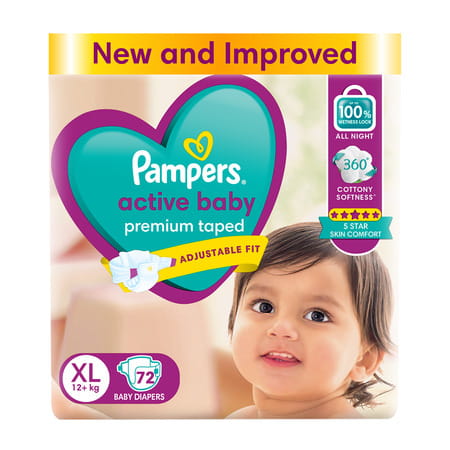 F83072pampers Active Baby Tape Style Extra Large (xl) 12+ Kg Baby Diapers 72 No's