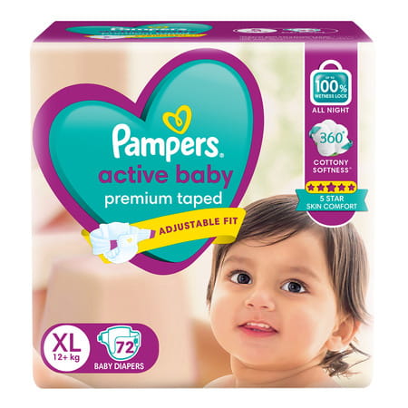 F83072pampers Active Baby Tape Style Extra Large (Xl) 12+ Kg Baby Diapers 72 No'S