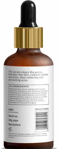 Sirona Anti Acne Face Serum With Tee Tree Oil Salicylic Acid Hyaluronic Acid And Vitamin E - 30 Ml