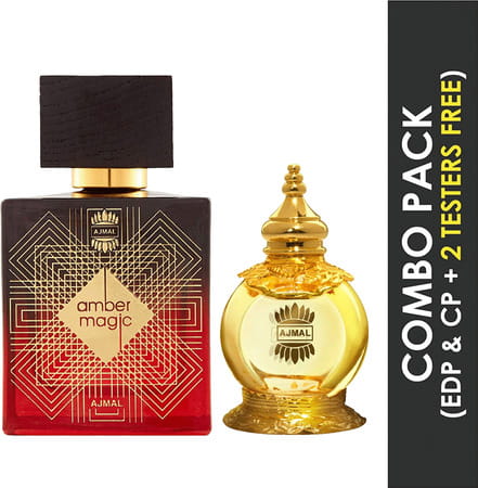 Ajmal Amber Magic Edp 100ml Perfume For Men And Mukhallat Al Wafa Cp Attar 12ml For Unisex