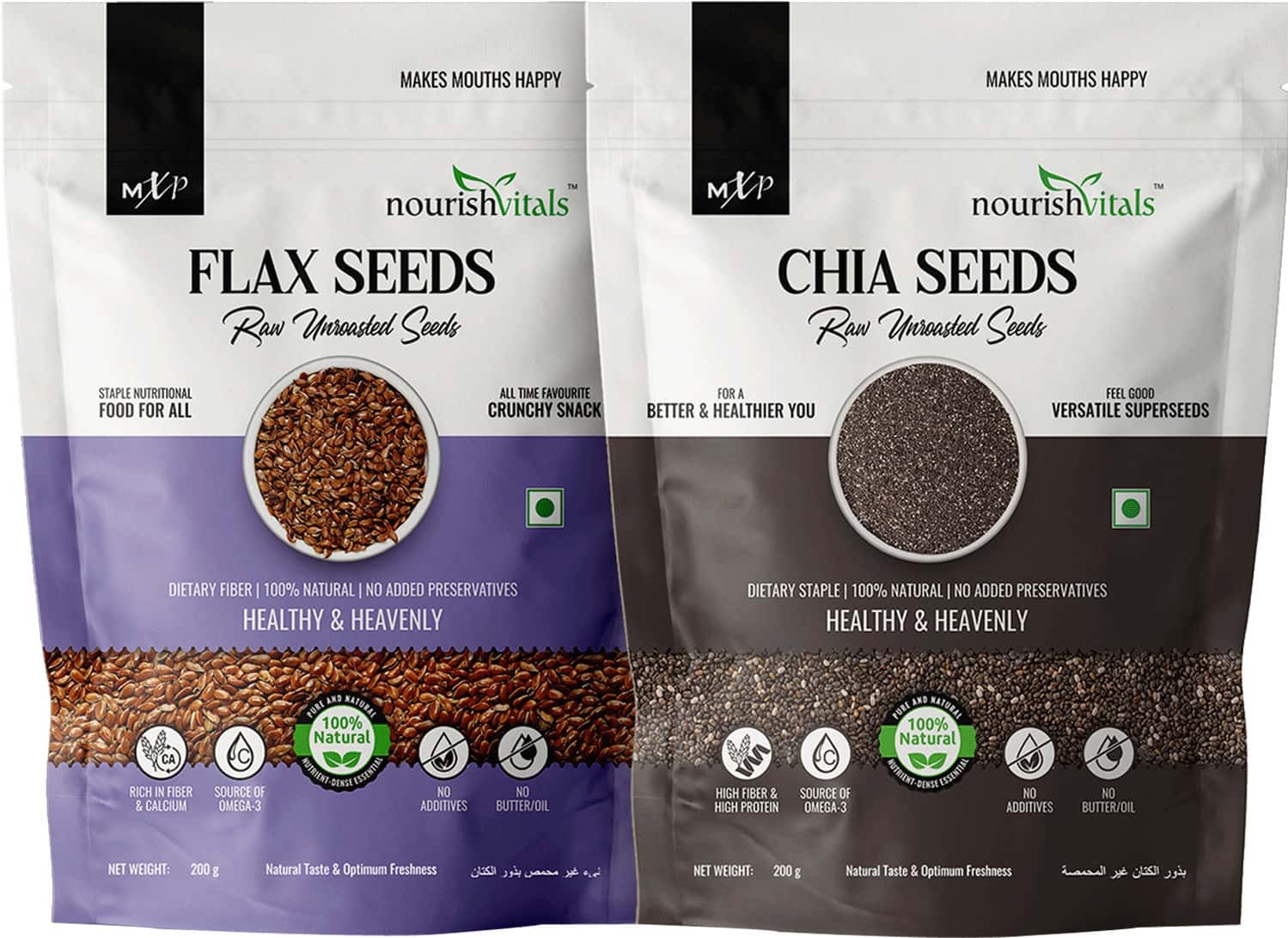 Nourishvitals Healthy Munching Combo Flax Seeds Raw Seeds + Chia Raw Unroasted Seeds (200gm Each)