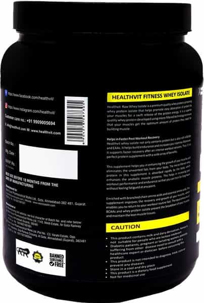 Healthvit Raw Whey Isolate Protein Supplement Powder- Unflavored (33 Serving) -500G