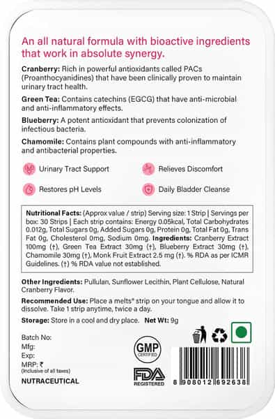Wellbeing Nutrition Melts Uti Relief Urinary Tract Support Relieves Pain & Discomfort 30 Oral Strips
