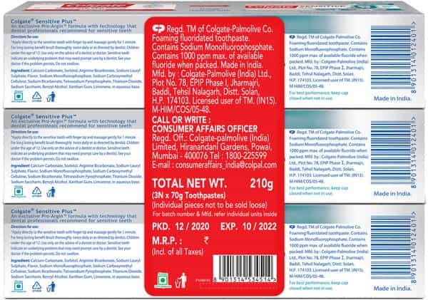 Colgate Sensitive Plus Toothpaste | For Sensitivity Relief - 70 Gm (Buy 2 Get 1 Free)
