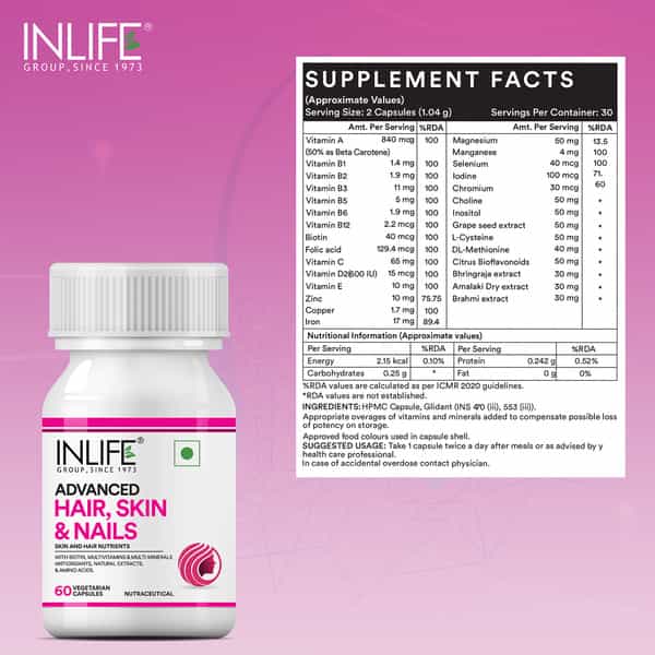 Inlife Biotin Advanced Hair Skin & Nails Supplement -Multivitamin Minerals Amino Acids -60 Cap