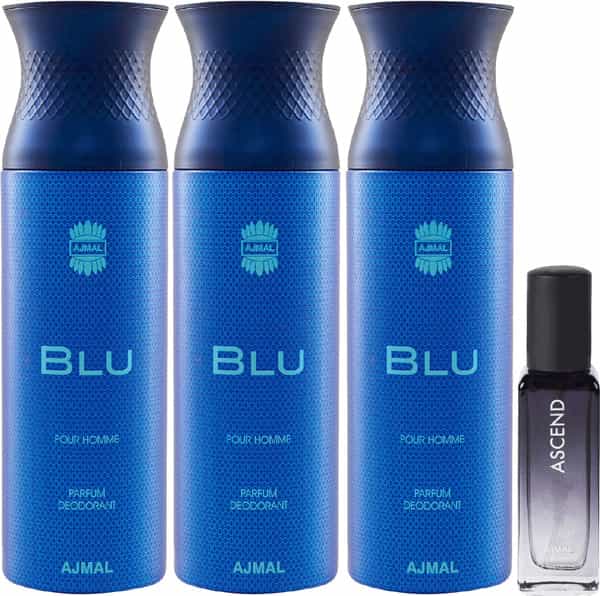 Ajmal 3 Blu Deo Each 200Ml & Ascend Eau De Parfum 20Ml Pack Of 4 (Total 620Ml) For Men & Women