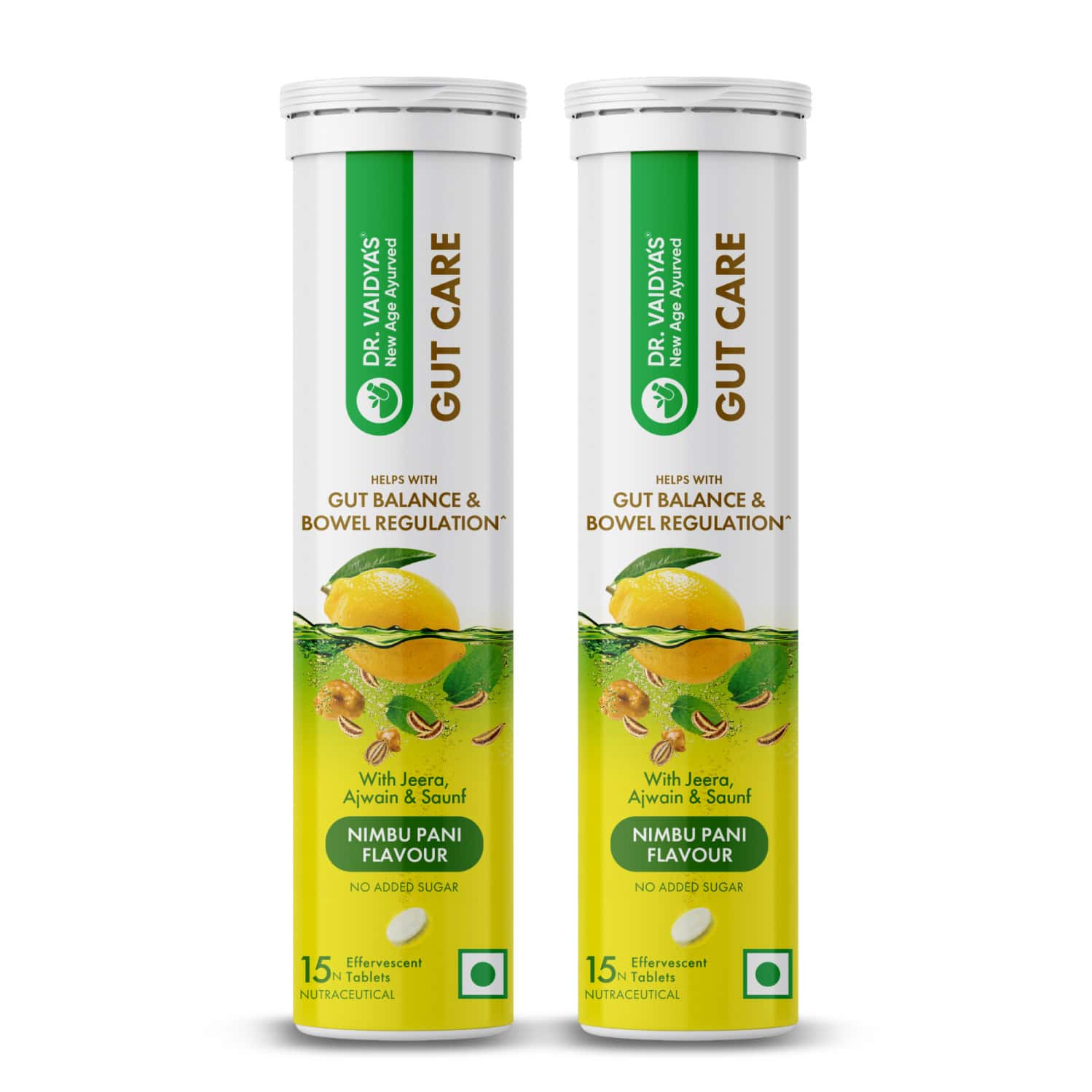 Dr. Vaidya's Gut Care Effervescent Tablets | Helps Gut Health | Nimbu Pani | 15n (pack Of 2)