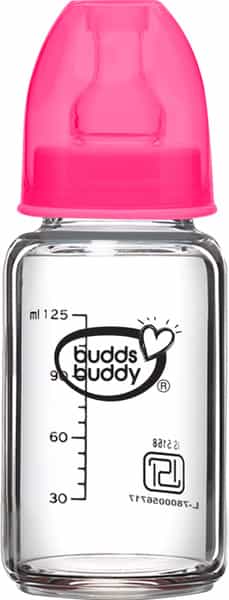 Buddsbuddy Choice+ Bpa Free Regular Neck Baby Glass Feeding Bottle Pink- 125 Ml