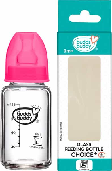 Buddsbuddy Choice+ Bpa Free Regular Neck Baby Glass Feeding Bottle Pink- 125 Ml