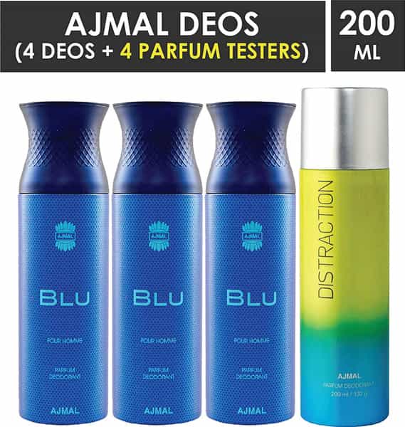 Ajmal 3 Blu Homme For Men And 1 Distraction For Men & Women Deodorants Each 200Ml Combo Pack Of 4
