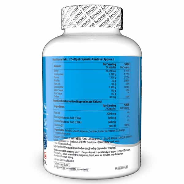 Naturyz Burpfree Omega 3 Fish Oil 2000 Mg With Vit D3 For Skin | Eyes | Heart & Brain (90 Softgels)